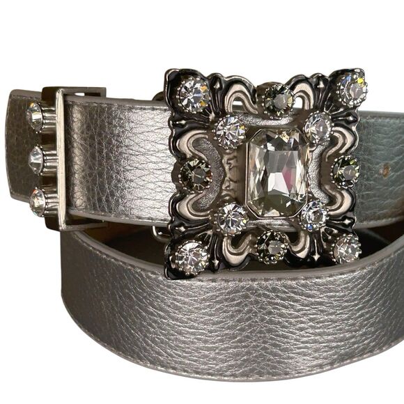 Leatherock Womens Rhinestone Buckle Statement Leather Belt Silver Leather Sz S main image 4